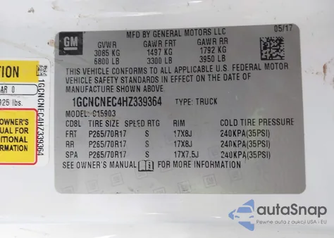 2017 Chevrolet Silverado 1500 Wt z USA, uszkodzony, nr VIN 1GCNCNEC4HZ339364